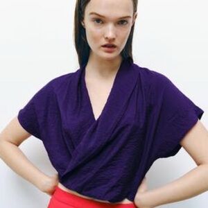 Zara Deep Purple Textured Wrap Twist Cropped Blouse (Size XL)